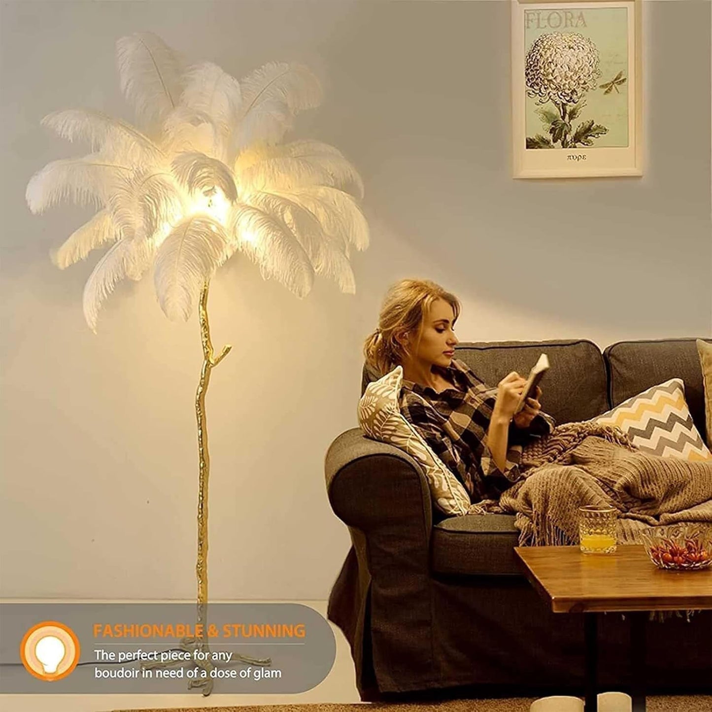 White Ostrich Feather Floor Lamp, Luxury Resin Ostrich Feather Lamp,Romantic Standing Lamp for Living Room Sofa Bedside Bedroom and Office(New)