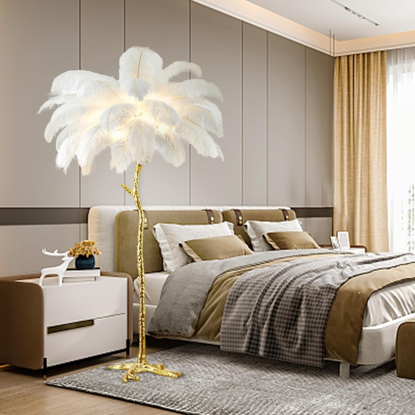 White Ostrich Feather Floor Lamp, Luxury Resin Ostrich Feather Lamp,Romantic Standing Lamp for Living Room Sofa Bedside Bedroom and Office(New)
